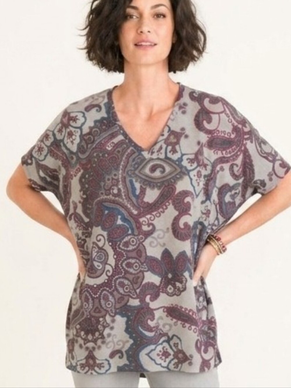 Chico's Paisley V-Neck Women’s Top - Purple and Gray Tunic Top Dolman Sleeve